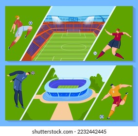 Football players, soccer ball, character team, man form game, athlete stadium, design, cartoon style vector illustration.