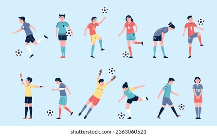 Football players, soccer teenagers flat characters. Flat professional athlete team, female and male play ball. Sport game recent vector set