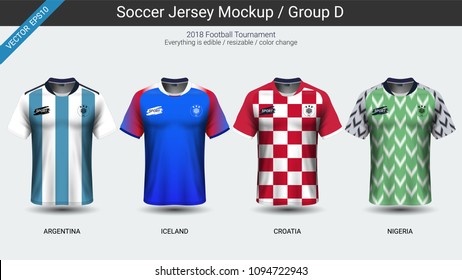 Football players uniform, National team soccer jersey 2018 group D, For your presentation the match results of world championship cup in Russian, Everything is edible, resizable and color change.