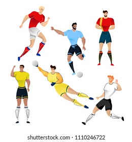 Football players from Uruguay, France, Russia, Germany, Colombia and Belgium isolated on a white background. Colorful  illustration of soccer players. Vector illustration of goalkeeper.