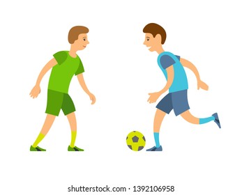 Football players vector, playing people running and chasing ball isolated competitors. Team with inflatable object, characters wearing colored uniforms