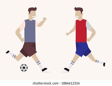 Football players who are playing and competing with each other. Wide and green field