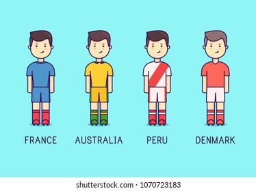 Football players. World cup 2018, Group C. Russia 2018. France, Australia. Peru, Denmark. Soccer kit flat.