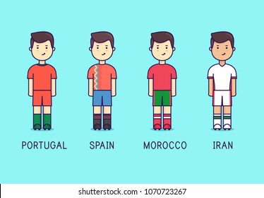 Football players. World cup 2018, Group B. Russia 2018. Portugal, Spain. Morocco, Iran. Soccer kit flat.