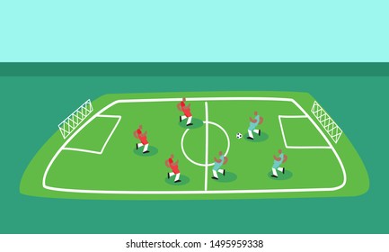 Football playground with players. Flat vector illustration.