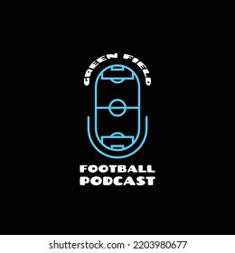 Football podcast logo design for sport channel with mix image of microphone and football field illustration. EPS8.
