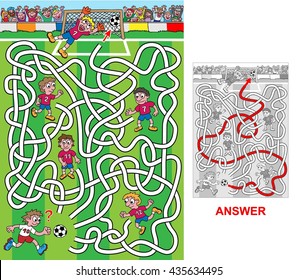 Football (portrait). Just one path will hit the goal. Labyrinth for kids.