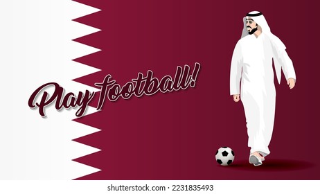 Football poster with Arabic motifs. A bearded man in sunglasses, in traditional Arabic clothing, moves with a ball against the background of the flag of Qatar. Author's work. Vector.