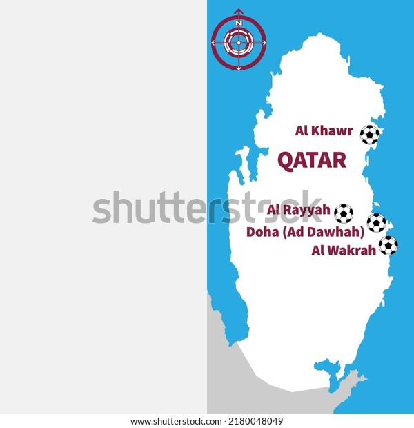 Football poster for championship. Football\
tournament 2022. Banner divided into two halves. Copyspace on left.\
Qatar silhouette with main sports cities on right. Orientation icon\
on sea background.