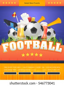 Football Poster Event Info Postcard Design and Sports Ad Web Banner or Sports Vertical Card Template, Soccer Ball with Sport Vector Background and Beer Drink Realistic Illustration