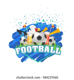 Football Poster Event Info Postcard Design and Sports Ad Web Banner or Sports Card Template, Soccer Ball with Sport Vector Background and Beer Drink Realistic Illustration