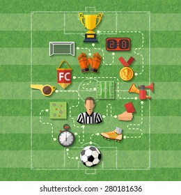 Football Poster with Flat style icons such as soccer ball, referee, trophy, red card. Can be used for flyer, poster and printing advertising. Vector Illustration.