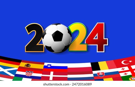 Football poster isolated on blue background. Summer Games 2024. Vector illustration. Flags of participating countries. Vector illustration.