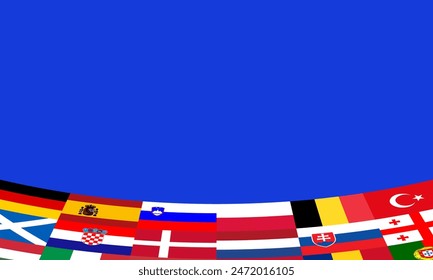 Football poster isolated on blue background. The ball is near the colored numbers. Flags of participating countries. Vector illustration.