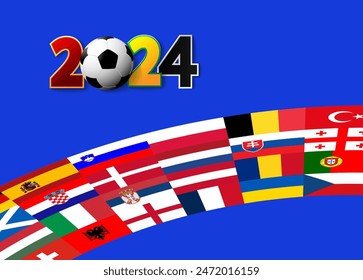 Football poster isolated on blue background. The ball is near the colored numbers. Flags of participating countries. Vector illustration.