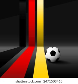 Afiche de fútbol aislado sobre fondo oscuro. La pelota está cerca de cintas de colores en los colores de la bandera alemana. Juegos de verano 2024. Ilustración vectorial.