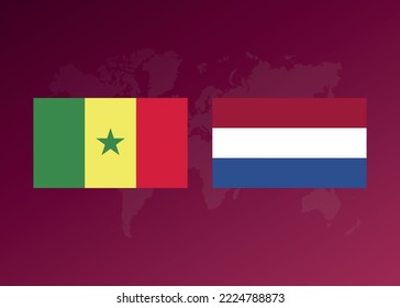 Football poster of the match between the teams of Senegal and the Netherlands. Vector graphics. Background with world map.