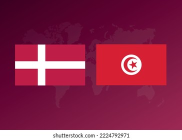 Football poster of the match between the teams of Denmark vs Tunisia. Vector graphics. Background with world map.