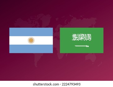 Football poster of the match between the teams of Argentina and Saudi Arabia. Background with world map.