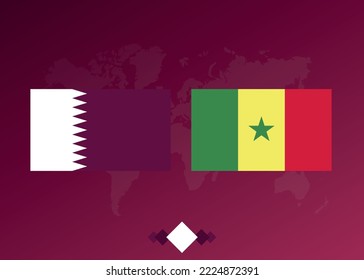 Football poster of the match between the teams of Qatar and Cameroon. Background with world map.