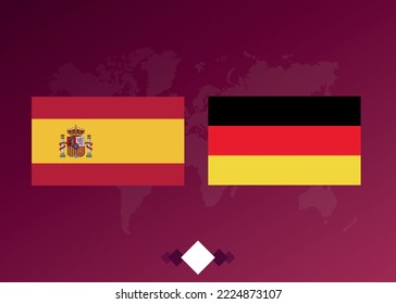 Football poster of the match between the teams of Spain and Germany. Background with world map.