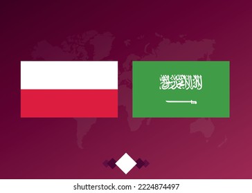 Football poster of the match between the teams of Poland and Saudi Arabia. Background with world map.