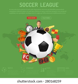 Football Poster with Soccer Ball and Attributes Icons. 3D Realistic and Flat icons such as referee, trophy, red card. Can be used for flyer, poster and printing advertising. Vector Illustration.