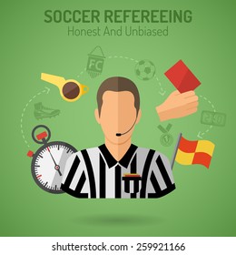 Football Poster with Soccer Referee, Flags, whistle and Stopwatch Flat Icons. Can be used for flyer, poster and printing advertising. Vector Illustration.