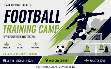 Football poster. Vector banner for a football training camp. Dynamic silhouette of a player kicking a ball, text, icons, dates. For football sporting events, flyers, social media, web design