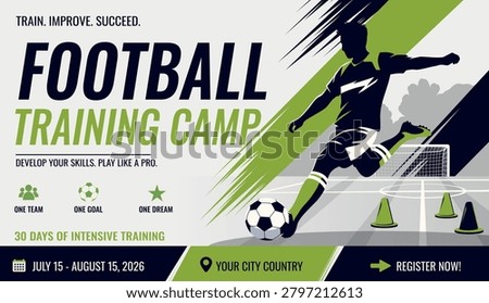 Football poster. Vector banner for a football training camp. Dynamic silhouette of a player kicking a ball, text, icons, dates. For football sporting events, flyers, social media, web design