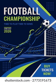 Football poster. Vibrant vector poster, dynamic goalkeeper jumping with the ball, stadium background, neon accents. For football materials, ticket sales, sports posters, social media, web