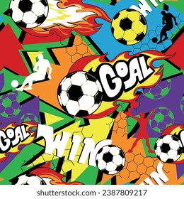 Fußball-Druck mit Fußball-Ball und Graffiti-Text. Sport-Illustration.