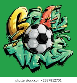 Football print with soccer ball and graffiti text Goal time on green field background. Sport illustration. Street Art style graffiti text.