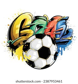 Football print with soccer ball, and graffiti text, colorful splatters. Sport illustration. Soccer ball t shirt design with spray paint ink and street art text Goal.