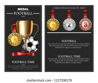 Football prize and medals Vector realistic illustration. Winner cup poster banner
