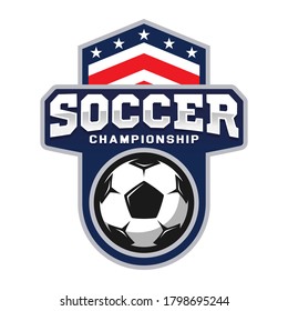 Football professional logo in flat style, soccer ball and shield with stars. Sport games. Vector illustration, isolated on white background.