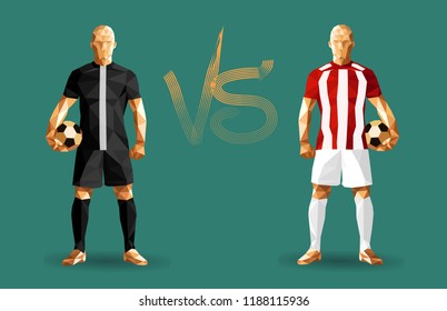 Football, PSG vs red star soccer players holding vintage footballs, representing two opposing teams, them and a versus sign between them, vector illustration 