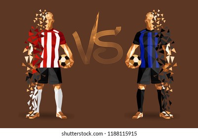 Football, PSV vs Inter soccer players holding vintage footballs, representing two opposing teams, standing isolated with a flat background and a versus sign between them, vector illustration 