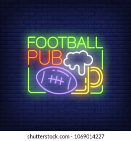 Football pub neon sign. Rugby ball and glass of beer shape on brick wall background. Night bright advertisement. Vector illustration in neon style for sport bar
