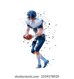 Football quarterback, American football player, distorted isolated low poly vector illustration, side view. Team sport athlete