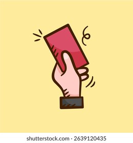 Football red card hand drawn illustration. Referee holding red card vector icon doodle outline style design.