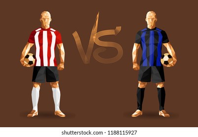 Football, Red stripes and blue stripes soccer players holding vintage footballs, representing two opposing teams, vector illustration 