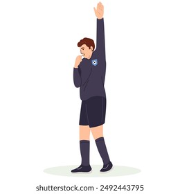 Football referee in a black sports shirt raised his hand up and blows the whistle. Soccer referee stops the game. Cartoon vector illustration in flat style isolated.