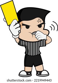 Football referee blows his whistle and showing yellow card, funny character vector illustrator