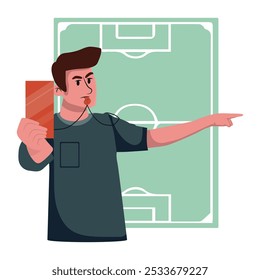 El árbitro de fútbol sopla su silbato con una tarjeta roja. Violación de las reglas del juego. Ilustración vectorial plana.