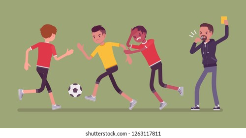 Football referee holds up a yellow card for team player. Official showing penalty sign of breaking the soccer game rules, making a warning on match with whistle. Vector flat style cartoon illustration