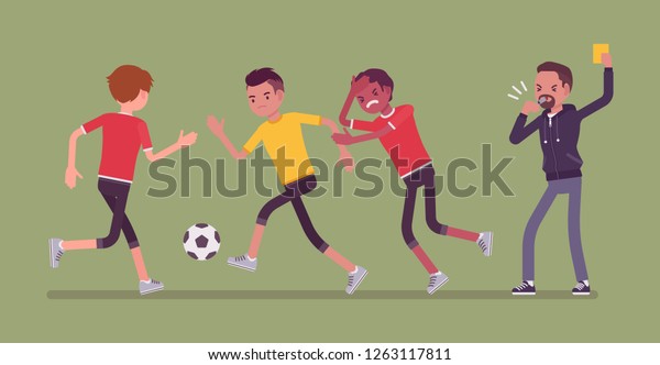 サッカーの審判は チームプレーヤー用の黄色いカードを持ち上げる サッカーの試合ルールを破り ホイッスル で試合をすると警告を出すペナルティサインを示す職員 ベクターフラットスタイルの漫画のイラスト のベクター画像素材 ロイヤリティフリー