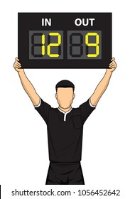 Football referee hole substitution board. The referee shows the number display. Vector illustration.