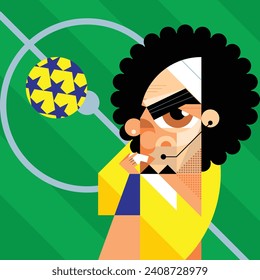 Football referee with lush hair against stadium field background with a yellow soccer ball