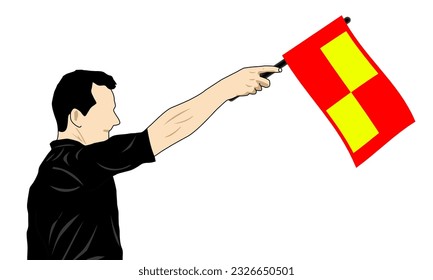 The football referee raises the flag indicating that the football player is in an offside game
